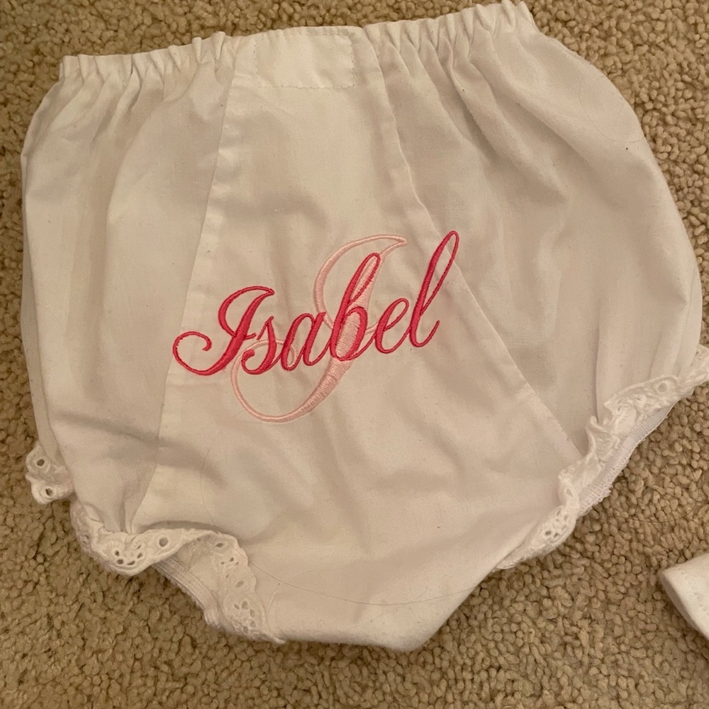 Girls “Isabel” monogrammed diaper cover. Size 5 (3 Toddler) up to approx 34 lbs